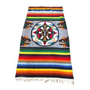 Vintage Southwestern Tribal Inspired Wool Rug Aztec Mayan Sun Face Stripes 50X81